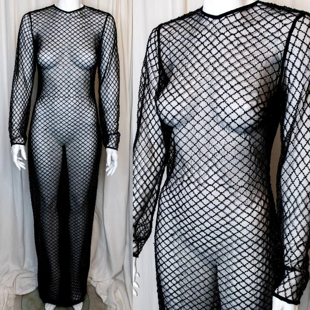 HOUSE OF CB Sheer Black Long Sleeve Bead Mesh Crosshatch Maxi Dress SMALL/MEDIUM